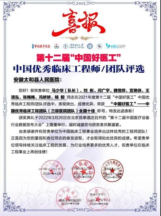全国十佳！太和县人民医院这个科室获得全国优秀临床工程师团体十佳奖