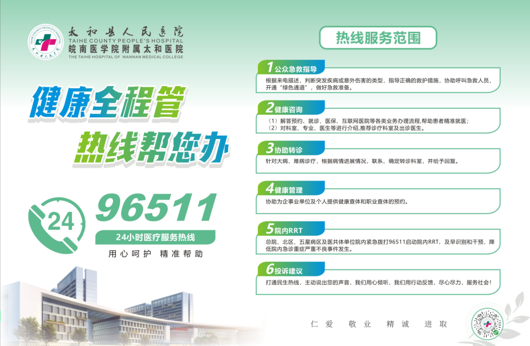 有问题，打热线！太和县人民医院24小时0558--96511医疗热线服务项目公布！